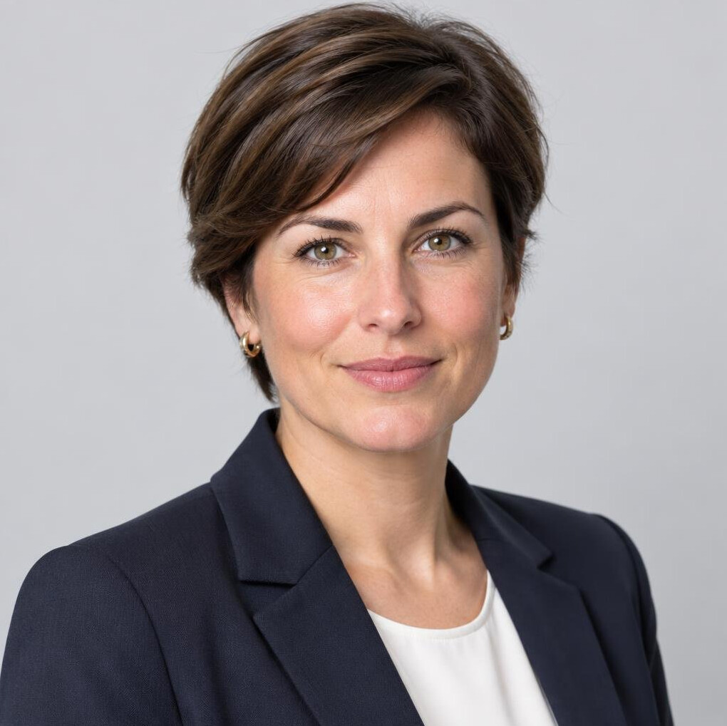 Studio portrait of a Belgian businesswoman with short brown hair