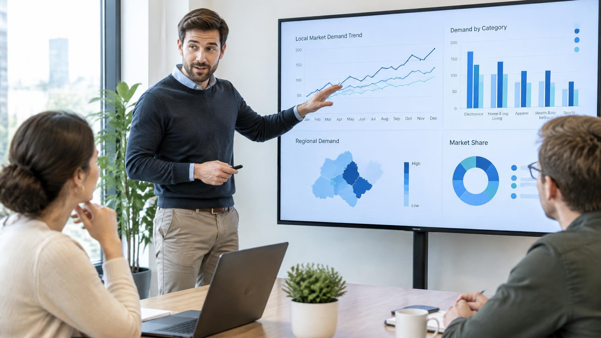 Analyst presenting local market trend charts to colleagues