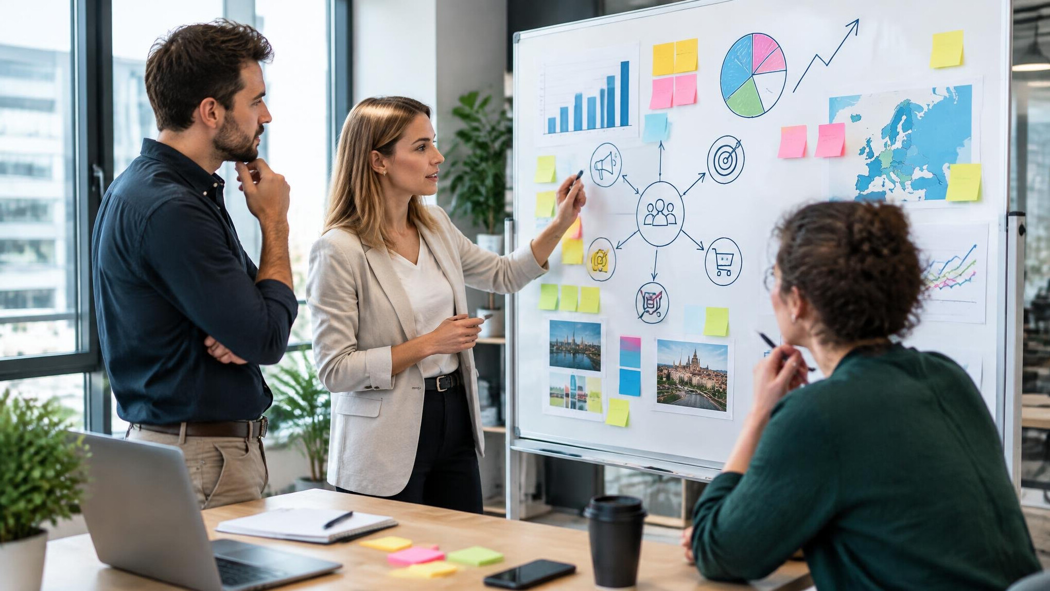 Team planning strategy on a whiteboard with sticky notes