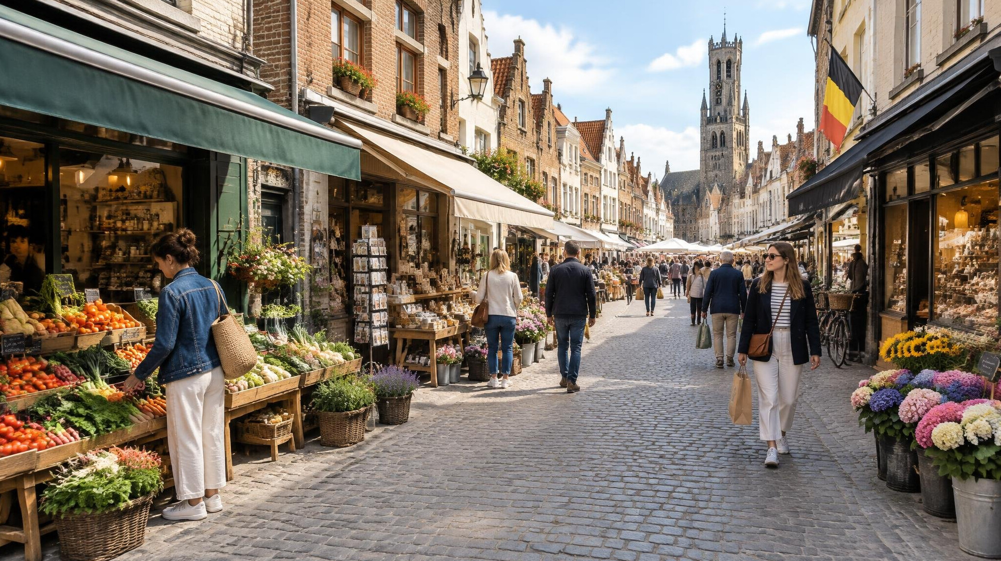 Busy local market street with small shops in a Belgian town