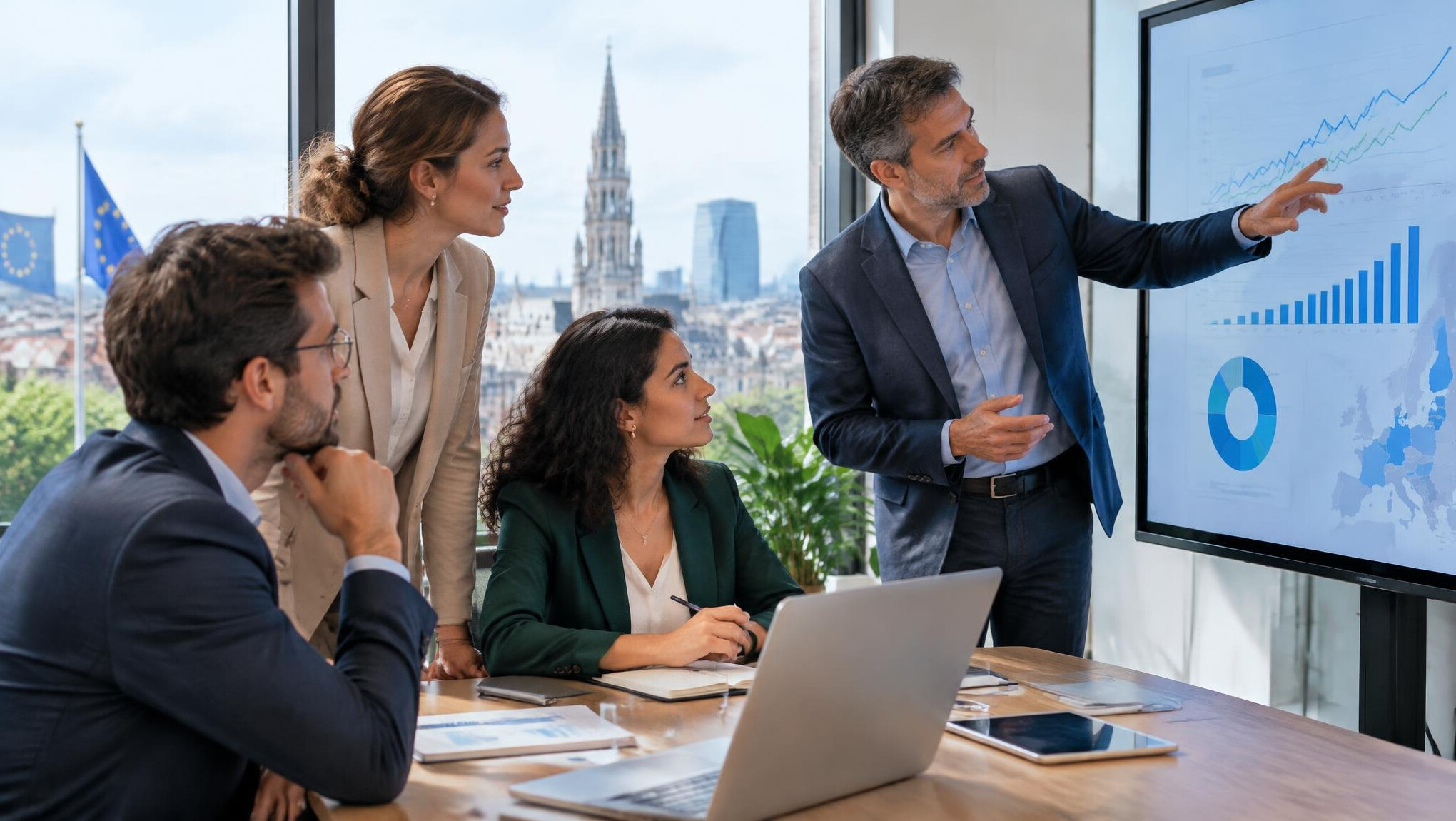 Team reviewing market data charts on a screen in a modern office